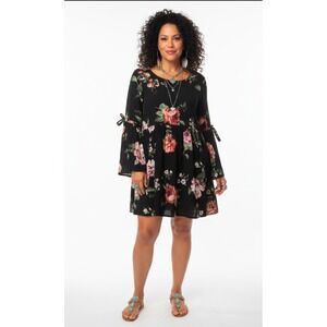 Altar'd State Black Floral Babydoll Mini Dress Bell Sleeve Boho Tie Detail L